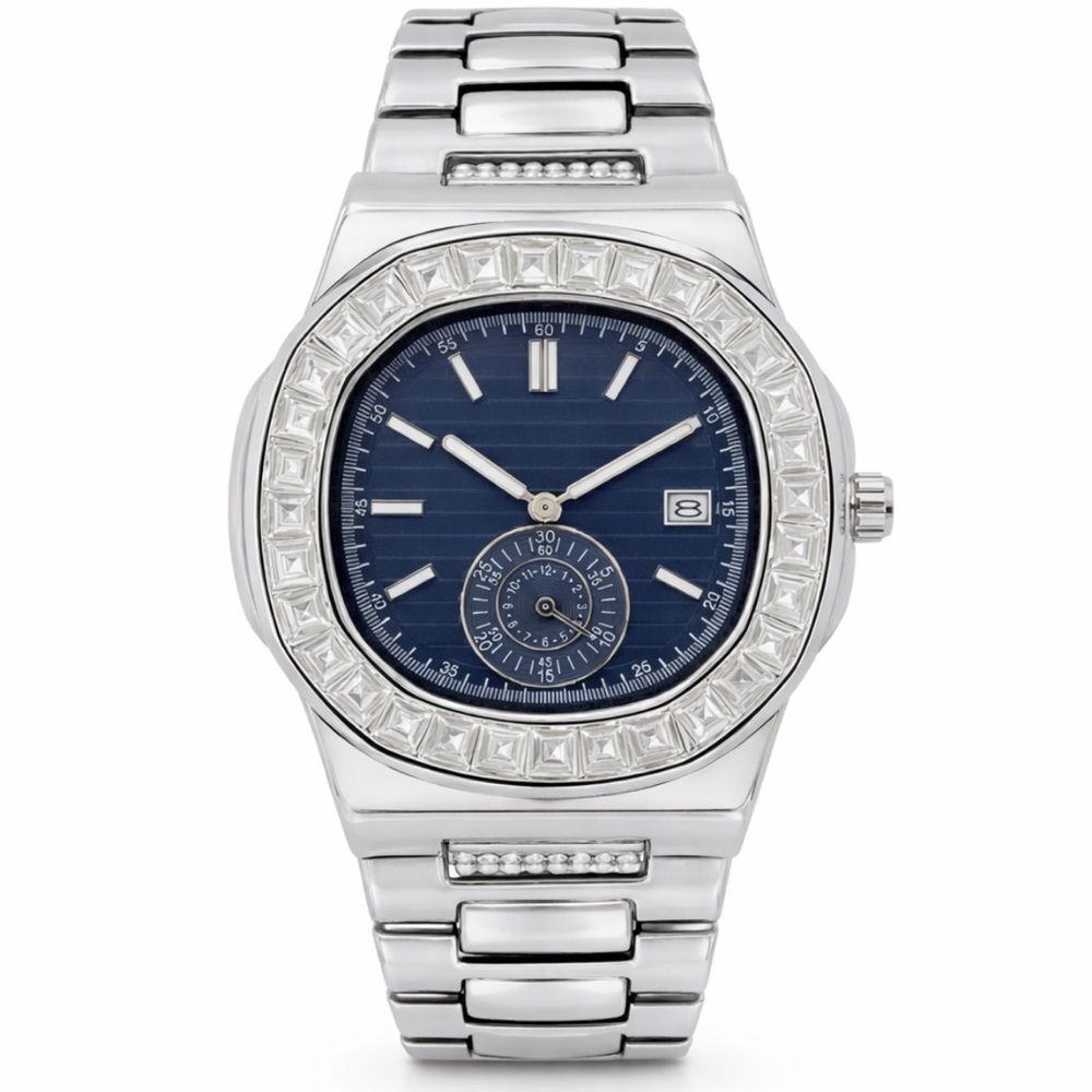 Silver Iced Out Blue Dial Watch Quartz Date Stainless Steel Mens Bustdown Shiny